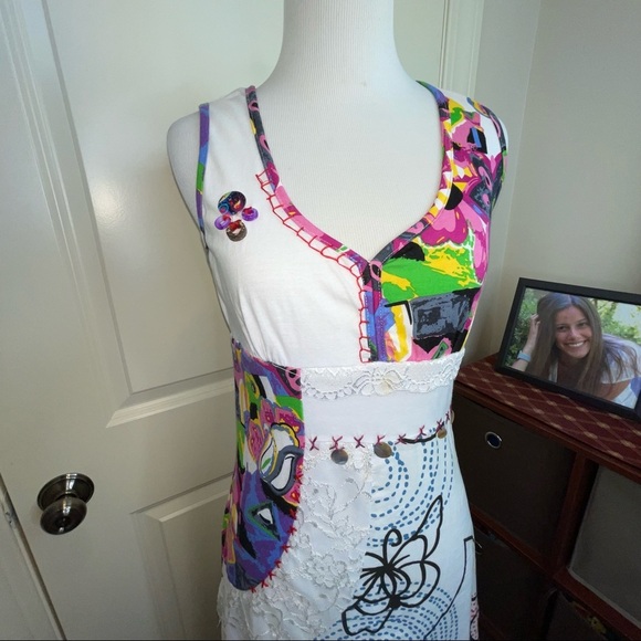 Forla Paris Mixed Media Sleeveless Dress Lace Abalone Shell Cotton Sz S - Picture 7 of 17